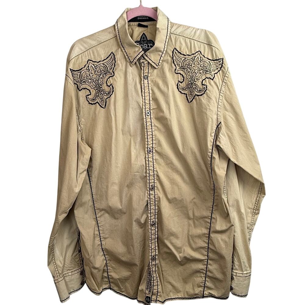 ROAR Strength Refined Men’s XXL Tan Embroidered Wing Back Button-Up Shirt Y2K